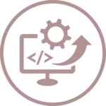 Icon of a monitor with code and gear, representing software development.