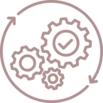 Circular arrows surrounding gears, representing workflow